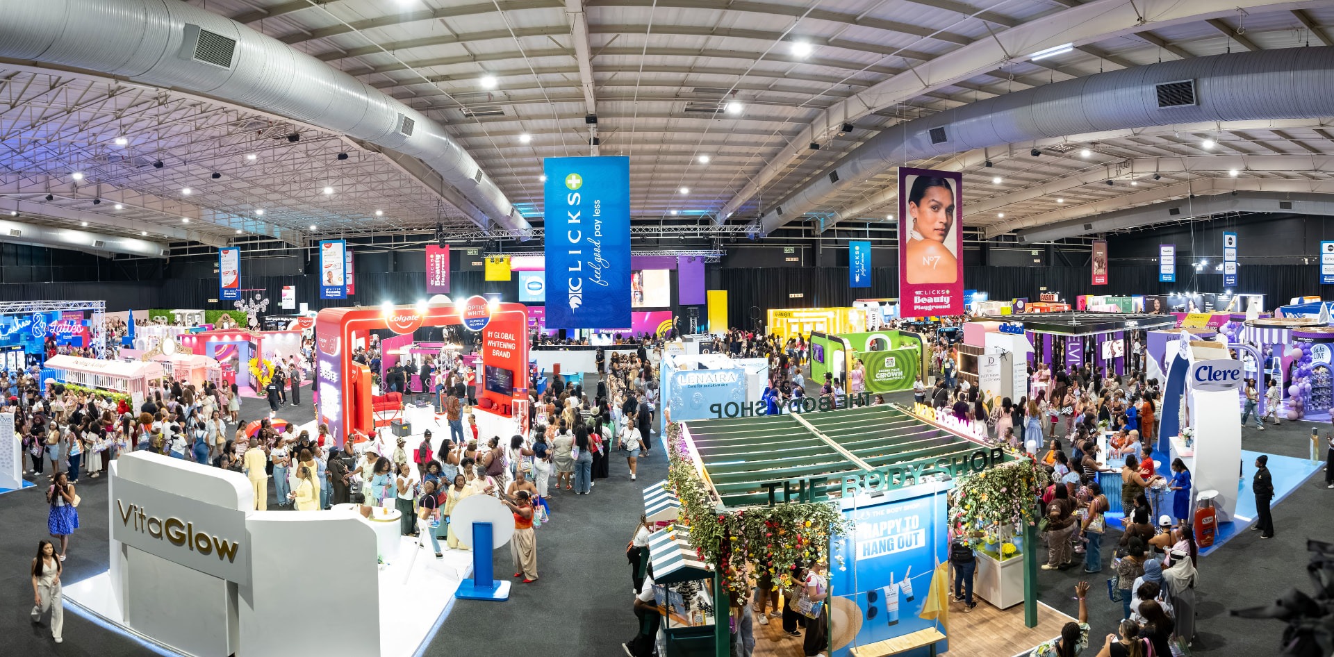 Beauty Playground exhibition floor with brand booths and visitors