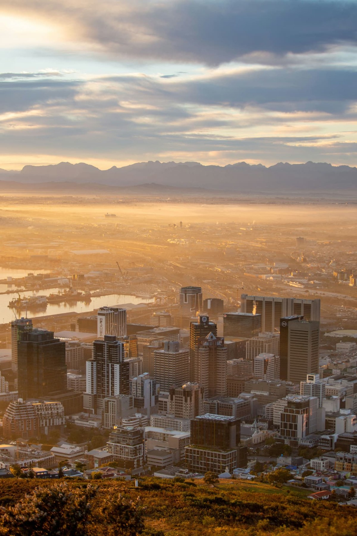 Cape Town's city centre and harbour at sunset
